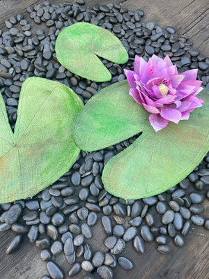 Hand sewn and painted  water lily leaves and flower top view