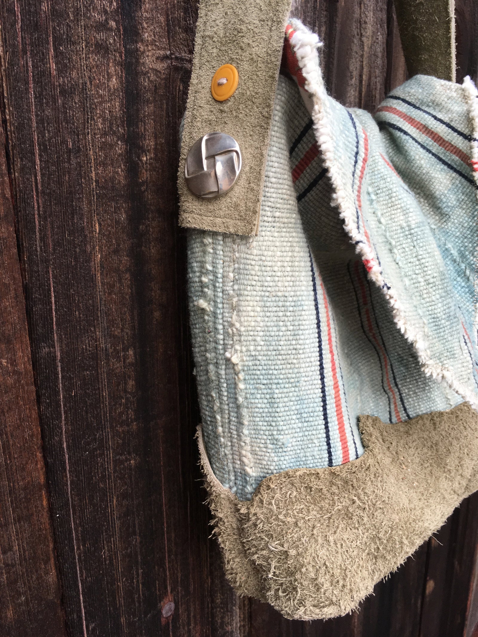 Handmade circus tote bag with recycled suede strap 