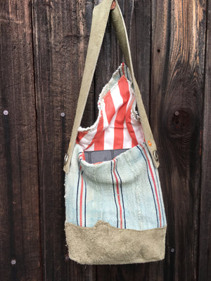Handmade circus tote bag with recycled suede strap 