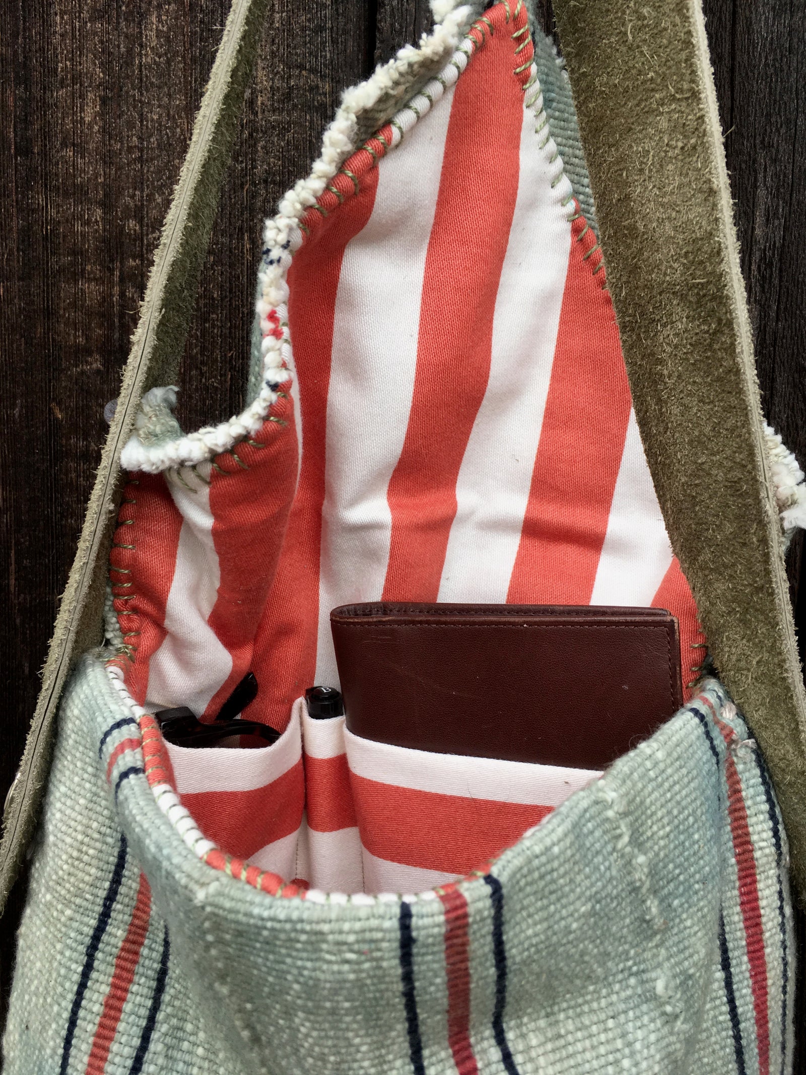 Handmade circus tote bag with recycled suede strap 