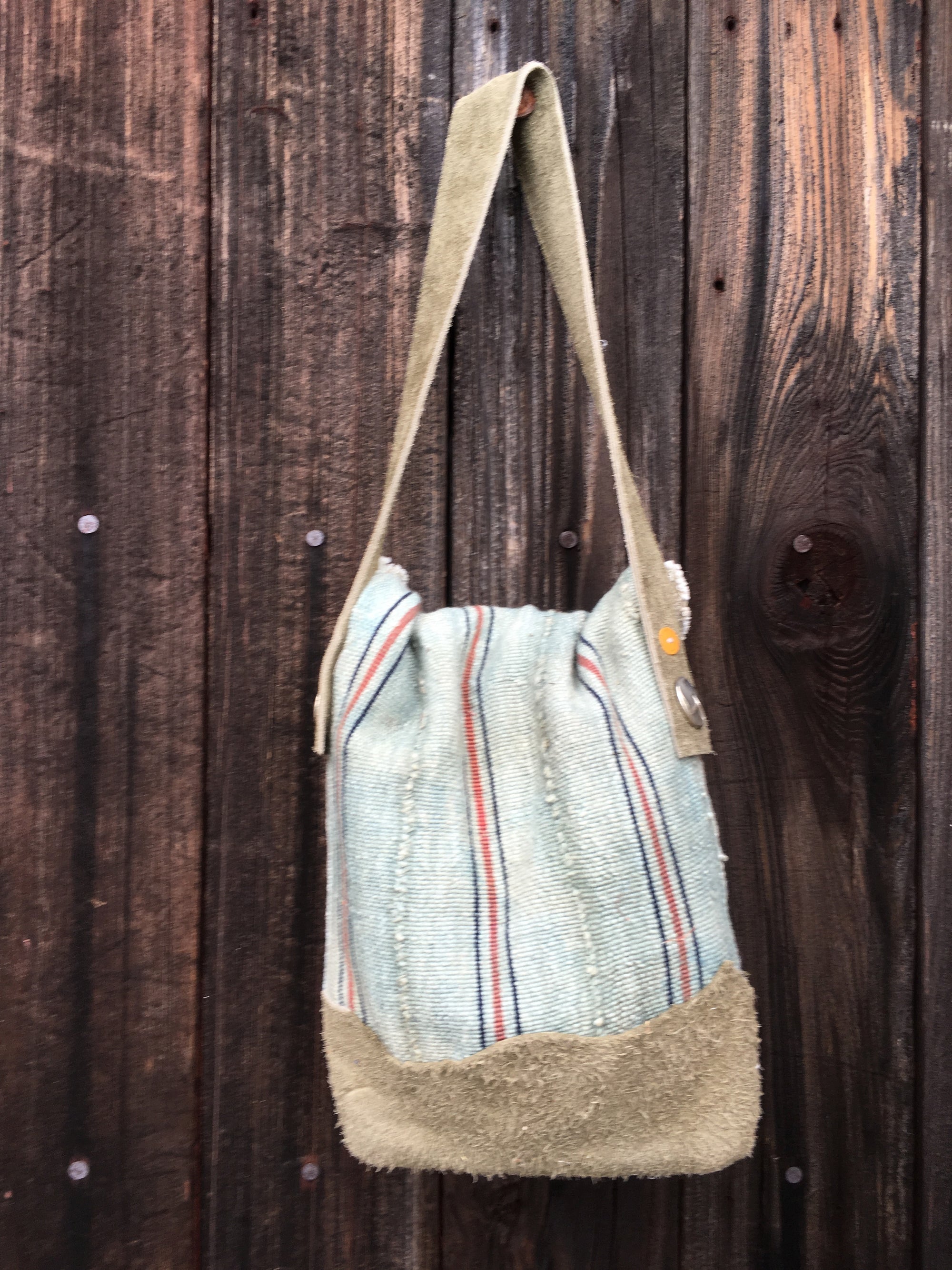 Handmade circus tote bag with recycled suede strap 