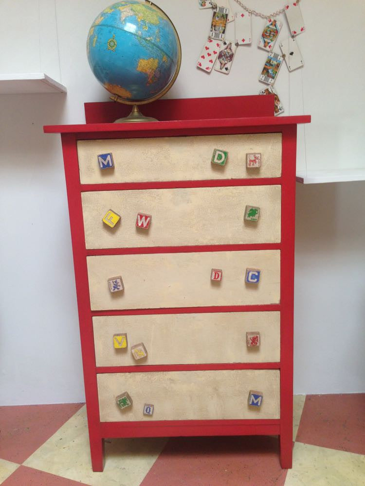Children's toy block dresser in original finish and red hand painting