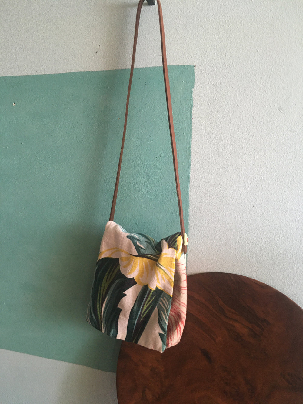 Tropical style banana leaf shoulder bag with upcycled materials.