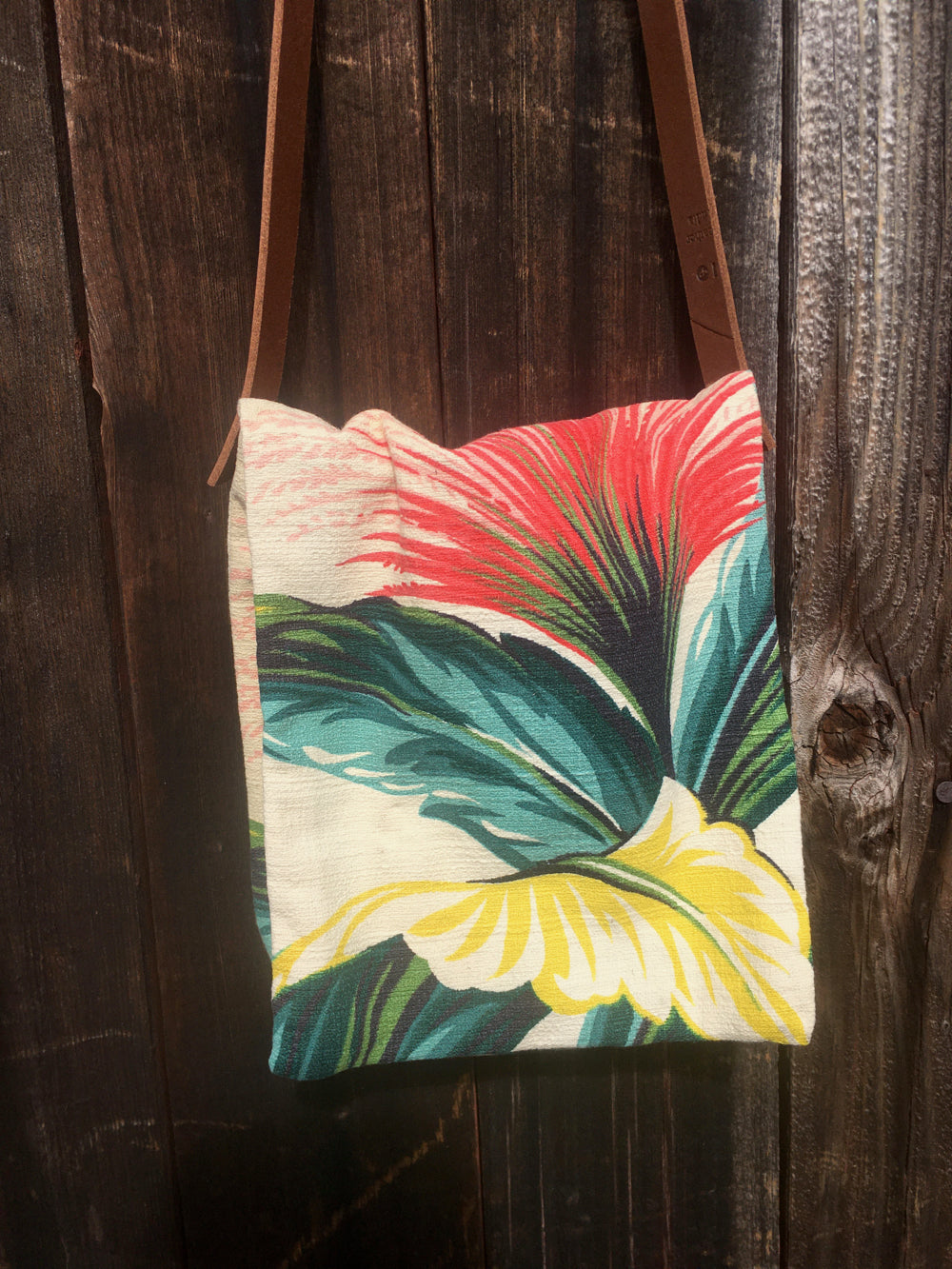 Upcycled barkcloth shoulder bag with vintage South Pacific design.