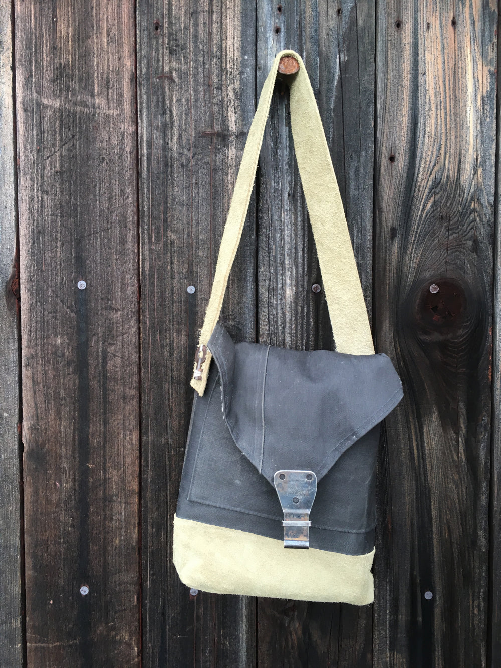 Upcycled canvas and suede bag 