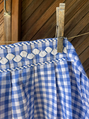 Vintage gingham cross stitch apron detail
