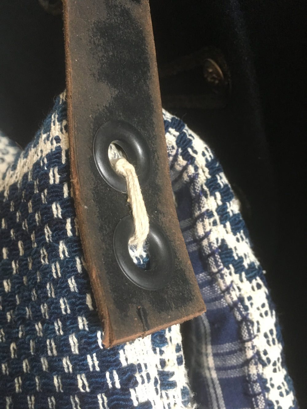 Upcycled blue and white tapestry bag with nautical design