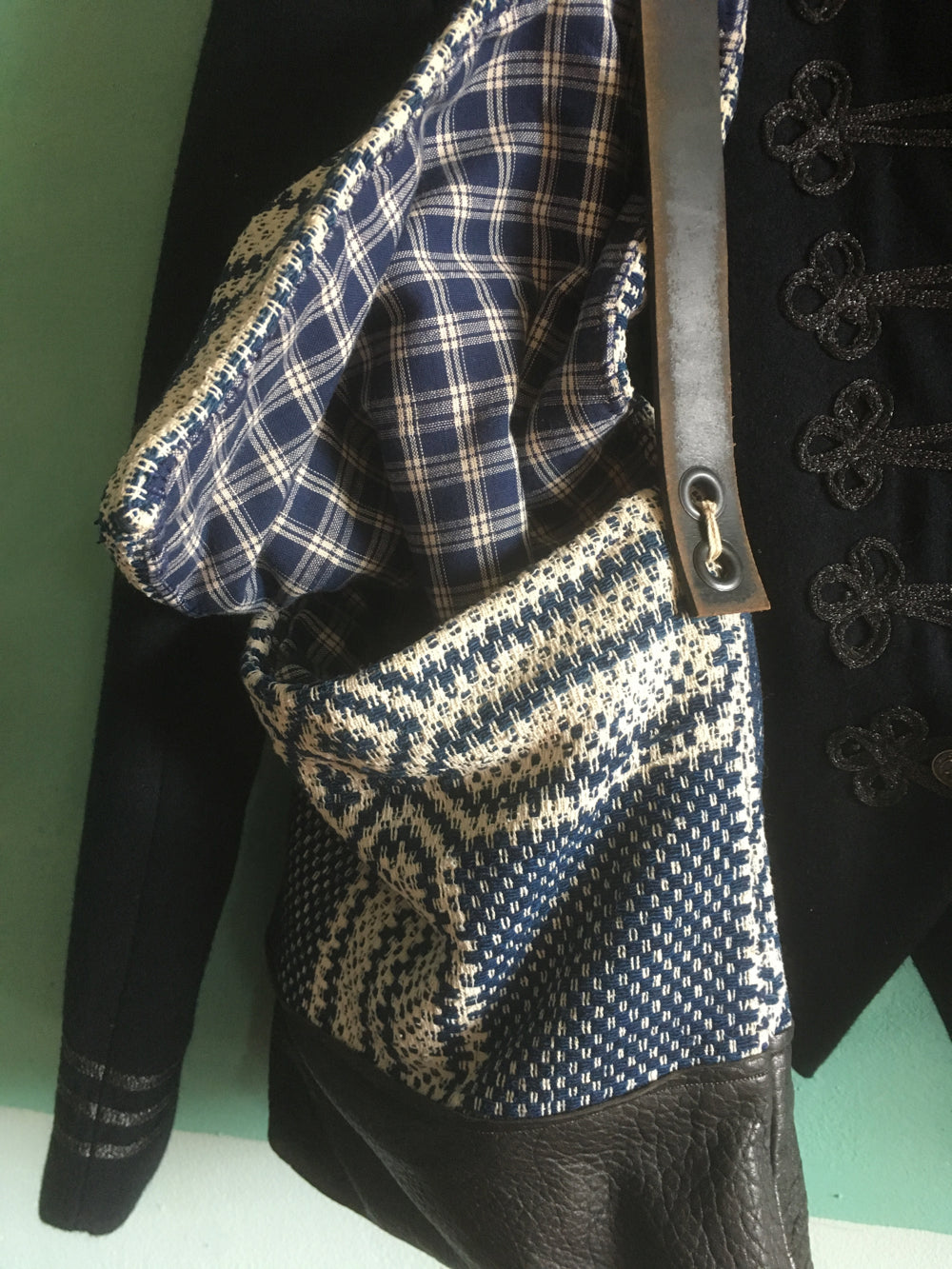 Upcycled blue and white tapestry bag with nautical design