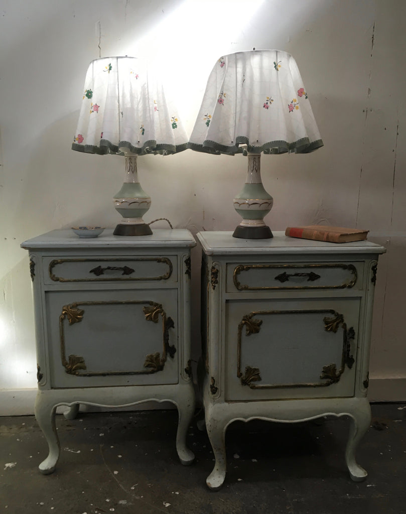 Set of 2 1950's Celadon Lamps with Slipcover Shades