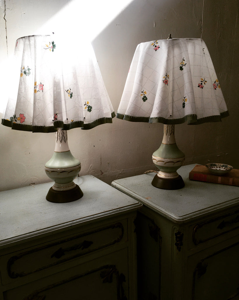 Set of 2 1950's Celadon Lamps with Slipcover Shades