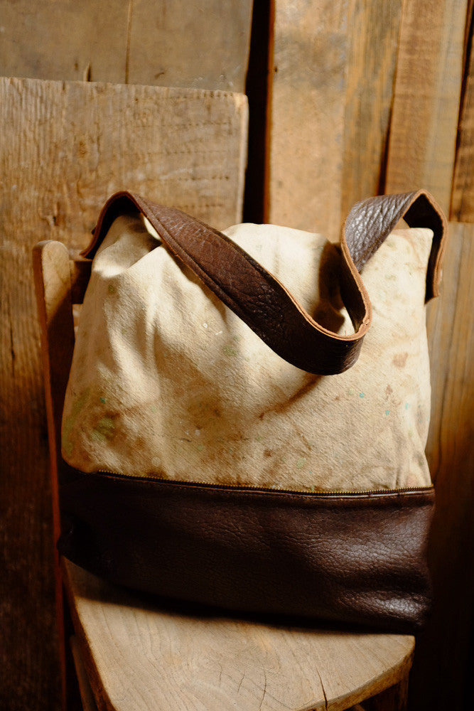 Upcycled drop cloth bag with handmade details.