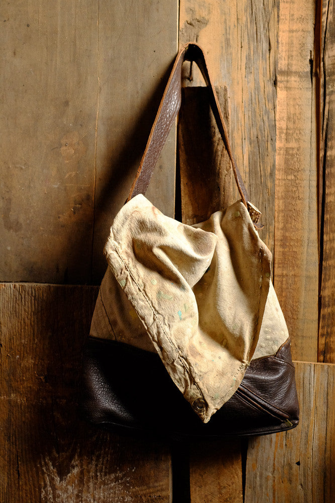 Upcycled drop cloth bag with handmade details.
