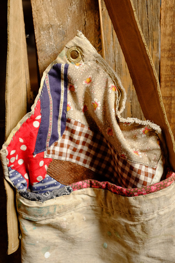 Upcycled drop cloth tablet bag with handmade details.