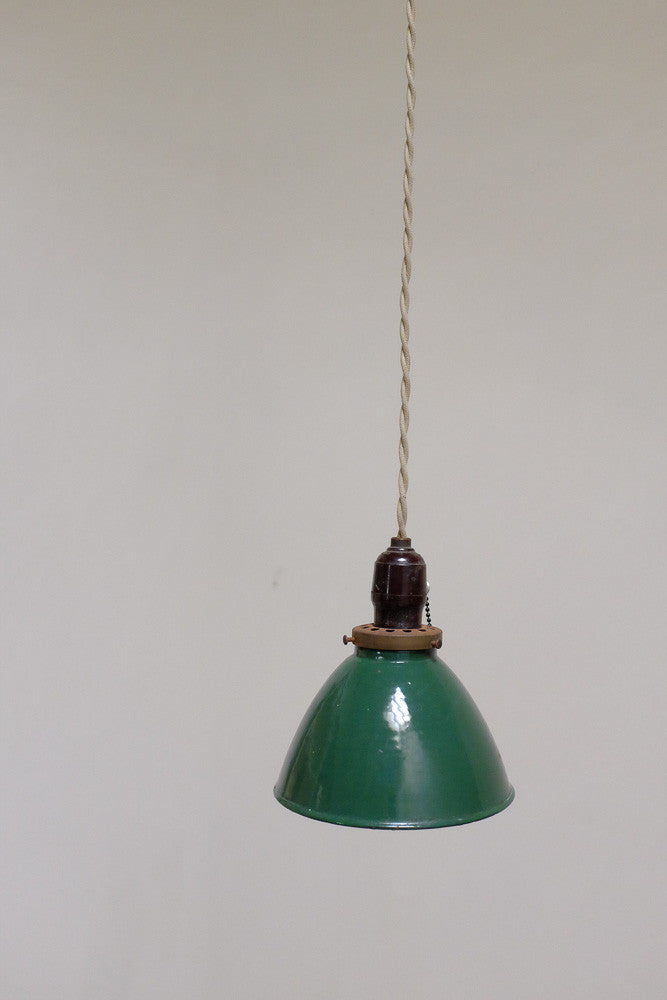 Vintage green enamel pendant light with original socket