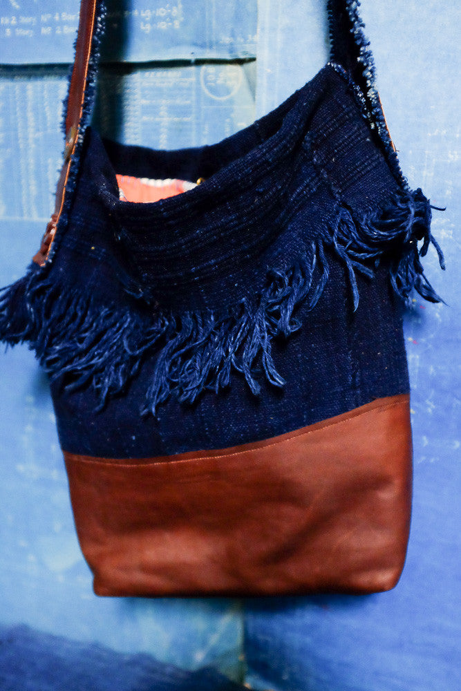 Indigo fringe bag made with vintage African fabric