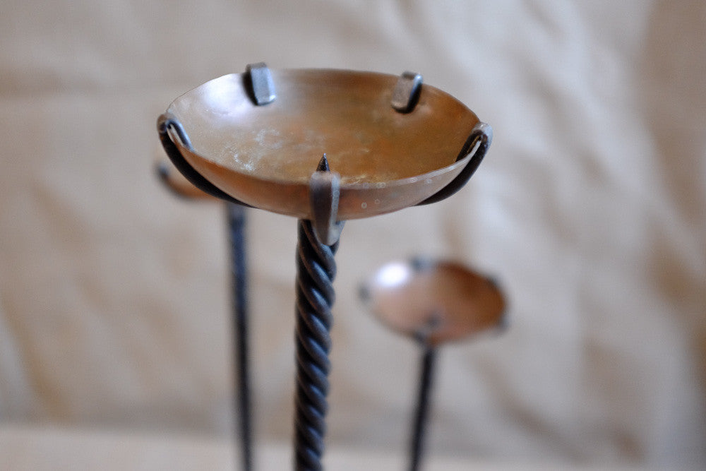 Iron Twisted Pillar Candle Holders with Copper Plates Top Detail