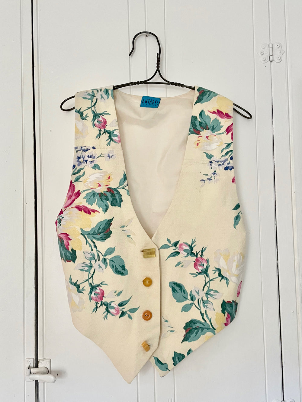 One-of-a-kind floral vest made from vintage 1940s drapery fabric.