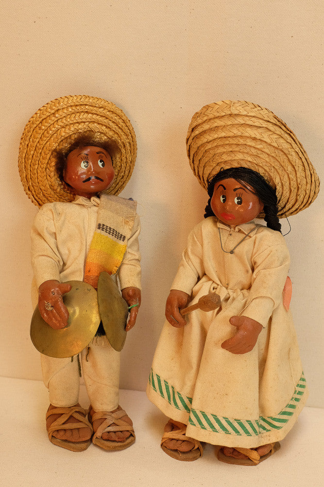 Vintage folklore dolls from the 1950s with original clothing and accessories.