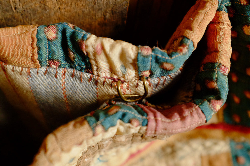 Upcycled vintage quilt and leather bucket bag 