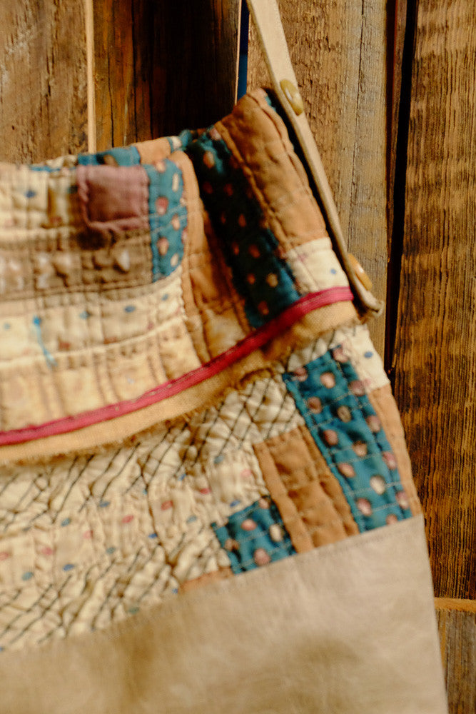 Upcycled vintage quilt and leather bucket bag 