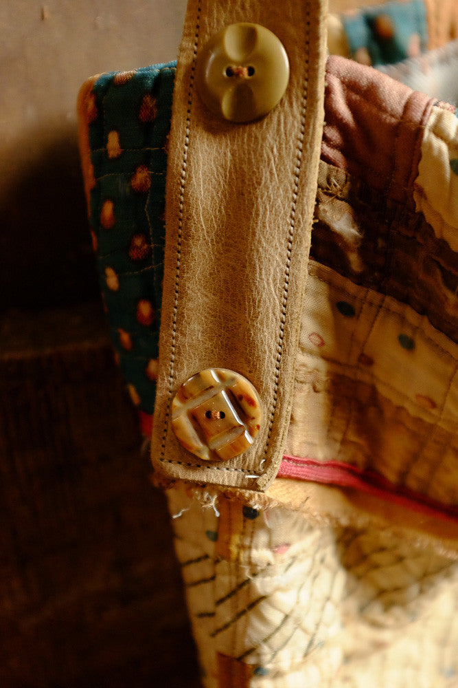 Upcycled vintage quilt and leather bucket bag 