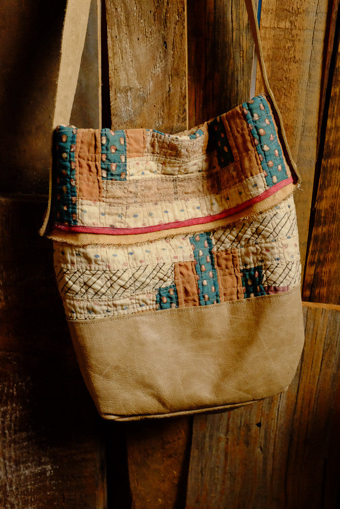 Upcycled vintage quilt and leather bucket bag 