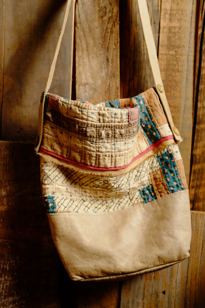 Upcycled vintage quilt and leather bucket bag 
