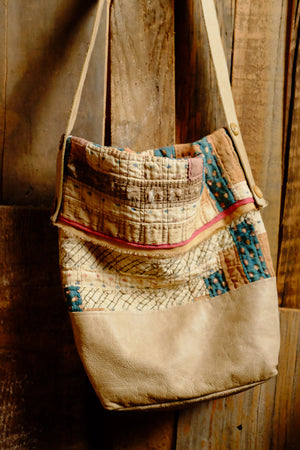 Upcycled vintage quilt and leather bucket bag 