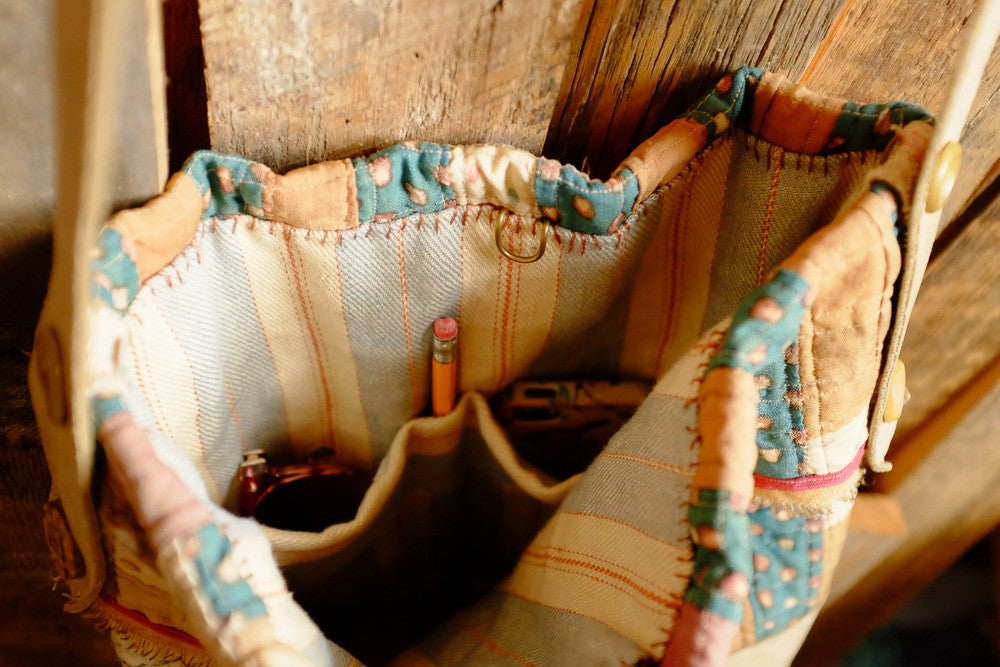 Upcycled vintage quilt and leather bucket bag 