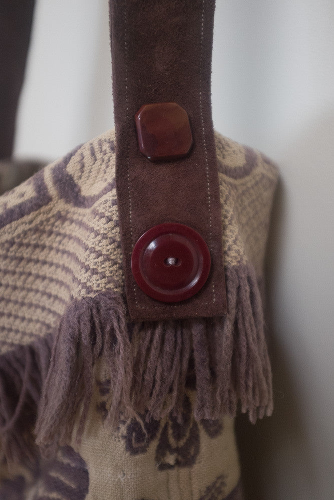 Bohemian style fringe tapestry bag with vintage woven fringe wool and suede.