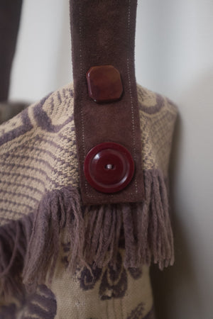 Bohemian style fringe tapestry bag with vintage woven fringe wool and suede.
