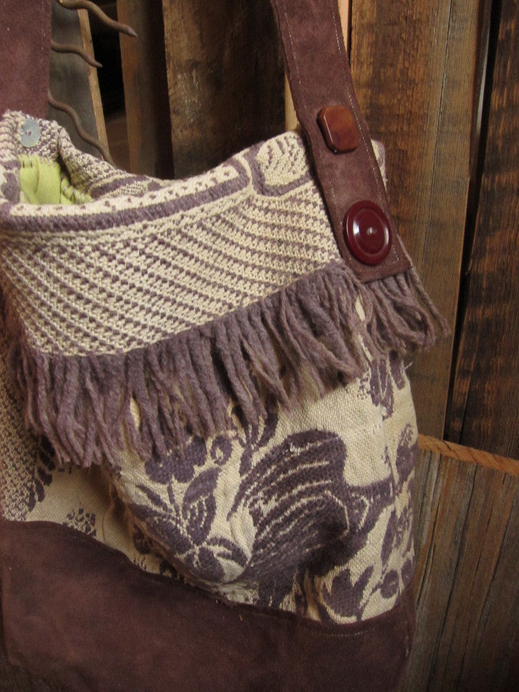 Bohemian style fringe tapestry bag with vintage woven fringe wool and suede.