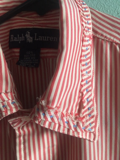 Upcycled silk Lauren shirt with hand-stitched details