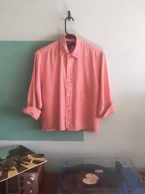 Upcycled silk Lauren shirt with hand-stitched details