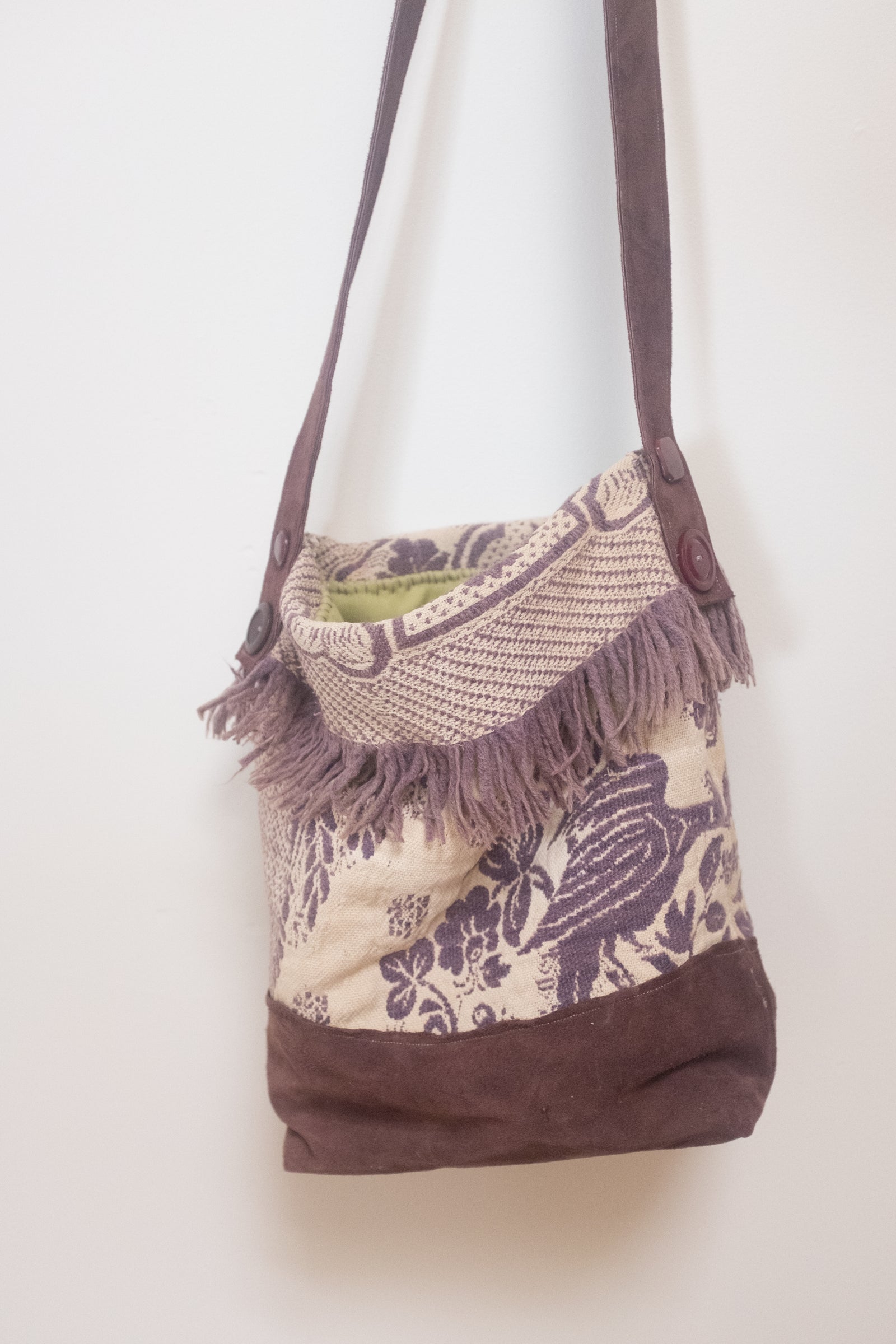 Bohemian style fringe tapestry bag with vintage woven fringe wool and suede.