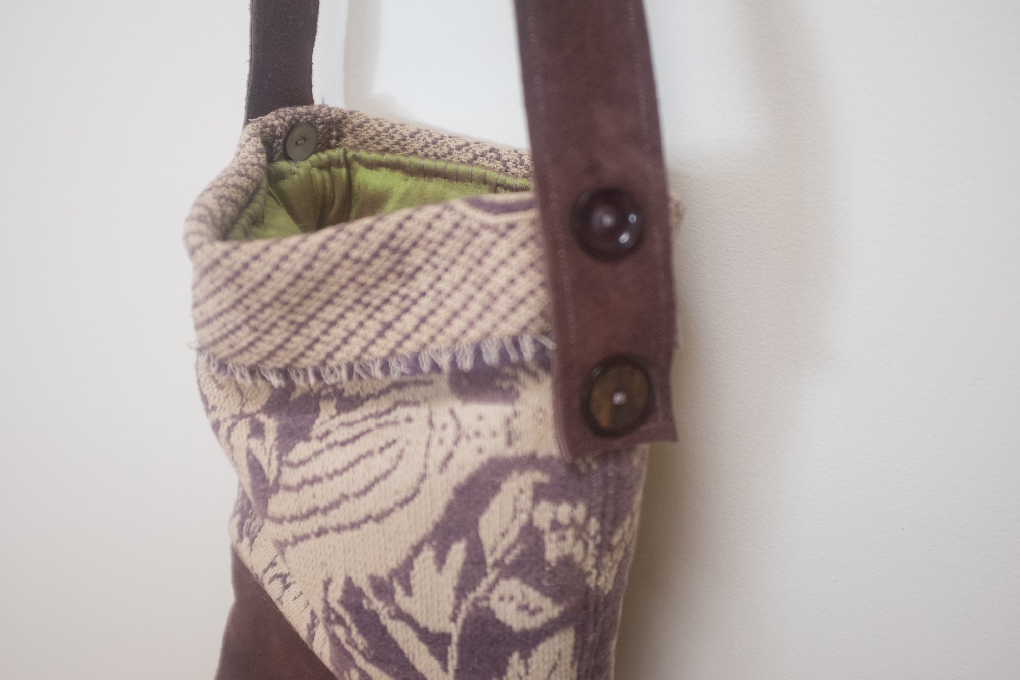Handmade mauve tapestry bucket bag with suede trim