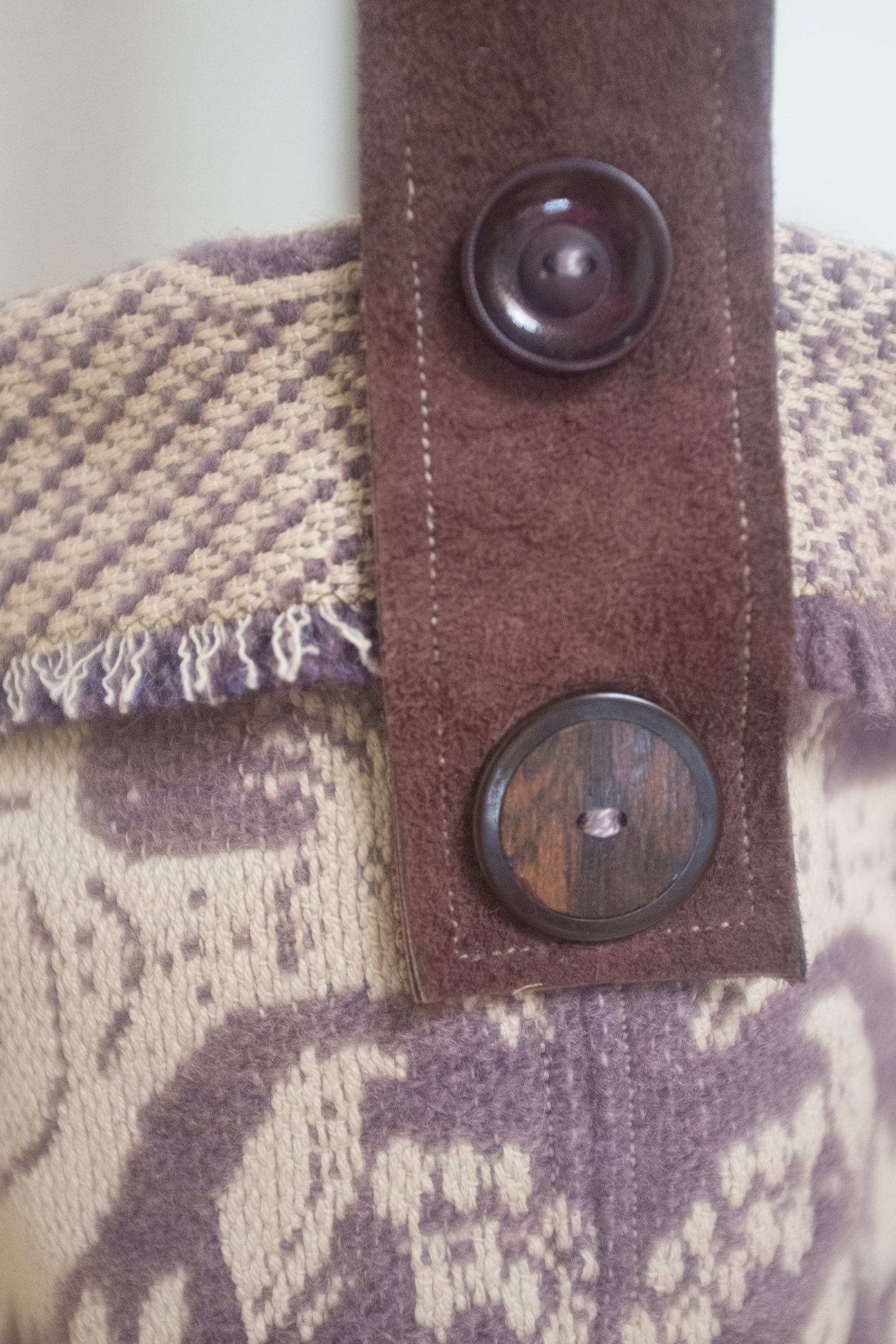 Handmade mauve tapestry bucket bag with suede trim