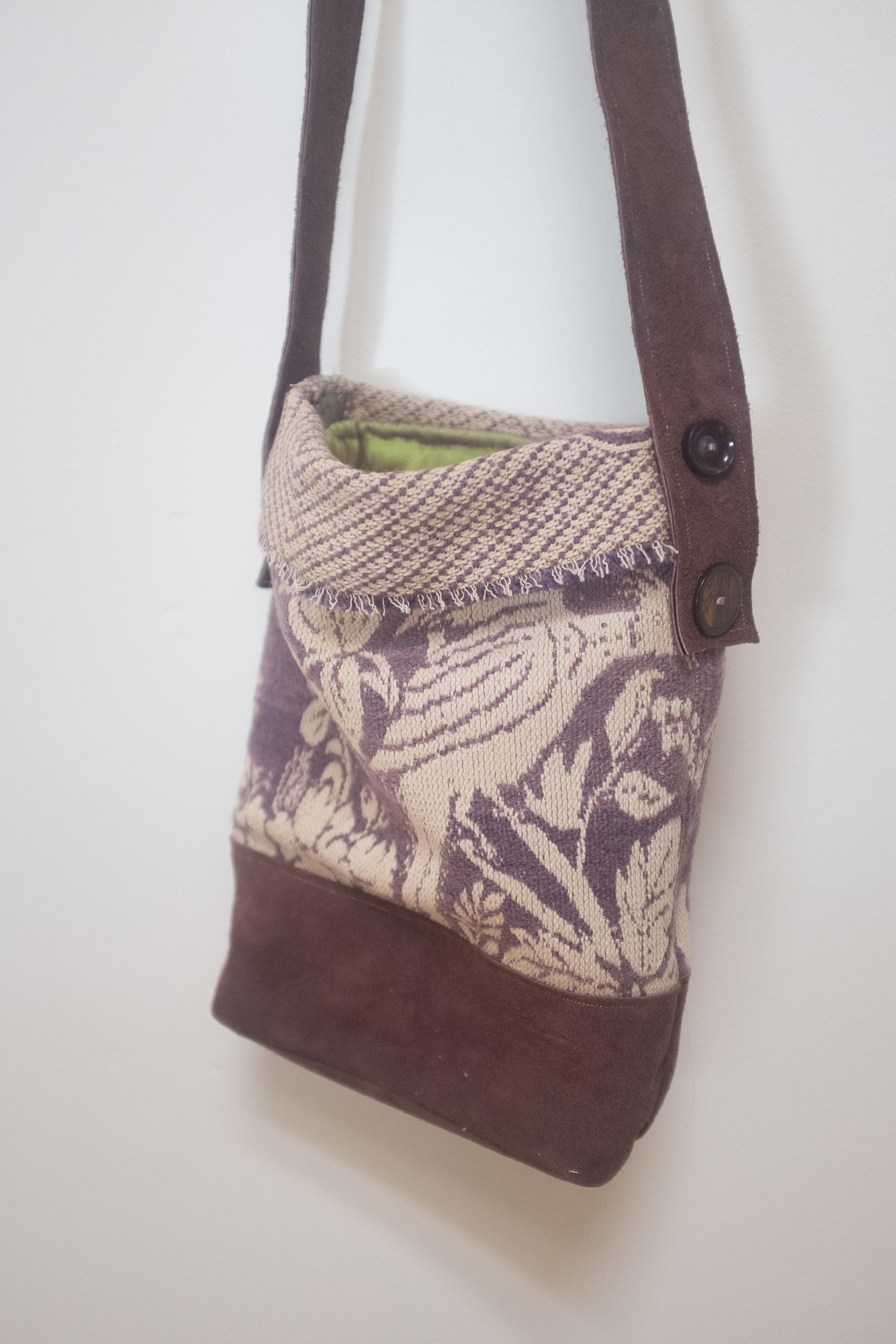 Handmade mauve tapestry bucket bag with suede trim