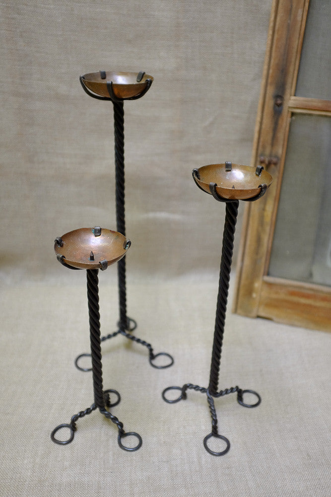 Iron Twisted Pillar Candle Holders with Copper Plates