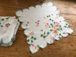 Vintage tablescloth napkins with scalloped edge flat lay