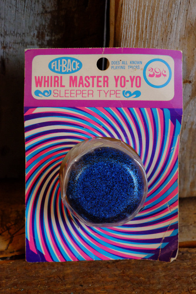 Vintage Whirl Master YOYO with sparkly indigo finish in its original packaging.